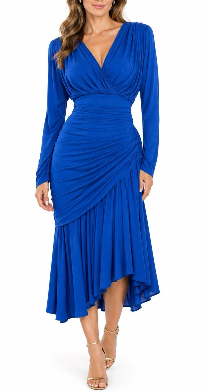 Vintage Tadashi Shoji Dress Blue Draped Long Sleeve V Neck Ruched Midi 10 M